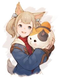Rule 34 | 10s, :d, animal, animal ears, blue eyes, blue ribbon, blush, brown hair, cat, character request, copyright request, fat cat (ff14), final fantasy, final fantasy xiv, hair ribbon, head tilt, junwool, miqo&#039;te, open mouth, ribbon, sketch, smile, tail, teeth, twintails