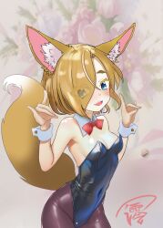 Rule 34 | 1girl, animal ear fluff, animal ears, blonde hair, blue eyes, blue leotard, blush, bow, bowtie, breasts, colored eyelashes, contrapposto, covered navel, detached sleeves, eyes visible through hair, fang, female focus, floral background, fox ears, fox girl, fox shadow puppet, fox tail, highleg, highleg leotard, highres, leotard, looking at viewer, medium breasts, open mouth, original, pantyhose, red bow, red bowtie, solo, strapless, strapless leotard, tail, tsukinowa mio, wrist cuffs