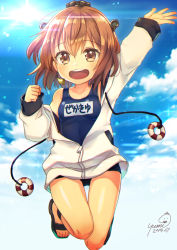 Rule 34 | 1girl, arm up, blue sky, blue one-piece swimsuit, breasts, brown eyes, brown hair, cloud, cloudy sky, collarbone, covered navel, day, full body, hair between eyes, hair ornament, headgear, headset, hood, hooded jacket, jacket, jumping, kantai collection, long sleeves, looking at viewer, name tag, old school swimsuit, one-piece swimsuit, open mouth, outdoors, sandals, school swimsuit, short hair, sky, small breasts, smile, solo, speaking tube headset, sunlight, swimsuit, swimsuit under clothes, teeth, tongue, water, white jacket, yukikaze (kancolle), yumi yumi