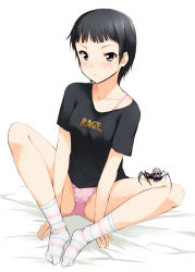 Rule 34 | 1girl, band shirt, bed, between legs, black eyes, black hair, blush, bra, bra strap, bug, k-on!, kaiga, lingerie, long legs, looking at viewer, merchandise, no pants, no shoes, on bed, panties, pink bra, pink panties, polka dot, polka dot panties, rage (band), short hair, simple background, sitting, skull, socks, solo, spider, striped clothes, striped socks, underwear, wada akira, white background