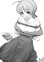 Rule 34 | 1girl, absurdres, ahoge, alternate costume, arms behind back, bag, bare shoulders, bound, breasts, cleavage, collarbone, dot nose, dress, dutch angle, fankupl, greyscale, handbag, head tilt, highres, large breasts, looking at viewer, low ponytail, lynette bishop, monochrome, nervous, open mouth, seiza, simple background, sitting, solo, strapless, strapless dress, strike witches, sweat, tareme, tied up (nonsexual), white background, world witches series