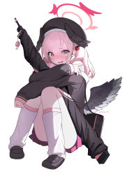 Rule 34 | 1girl, absurdres, bag, beret, black hat, black wings, blue archive, blush, charm (object), feathered wings, hair between eyes, halo, hat, head wings, highres, koharu (blue archive), leg warmers, long sleeves, low wings, mini wings, nose blush, parted lips, pink eyes, pink hair, pink skirt, pleated skirt, ppower (lu power), simple background, sitting, skirt, socks, solo, twintails, twitter username, wavy mouth, weapon, white background, white socks, wings