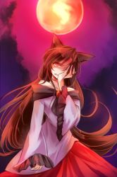 Rule 34 | 1girl, animal ears, brooch, brown hair, full moon, gradient background, hand on own cheek, hand on own face, imaizumi kagerou, jewelry, kutsuki kai, long hair, long sleeves, looking at viewer, moon, off shoulder, red eyes, red moon, shirt, skirt, sky, solo, touhou, very long hair, werewolf, wide sleeves, wolf ears