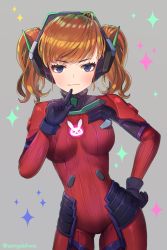 Rule 34 | 1girl, alternate color, alternate eye color, alternate hairstyle, armor, bad id, bad pixiv id, black gloves, blue eyes, blush, bodysuit, boots, breasts, brown hair, closed mouth, commentary, cosplay, cowboy shot, d.va (overwatch), eyelashes, facial mark, finger to mouth, gloves, gluteal fold, grey background, hanato (seonoaiko), hand on own hip, hand up, headphones, index finger raised, legs apart, long hair, long sleeves, looking at viewer, medium breasts, neon genesis evangelion, overwatch, overwatch 1, pauldrons, pilot suit, plugsuit, purple eyes, red bodysuit, red footwear, ribbed bodysuit, shoulder armor, shoulder pads, skin tight, smile, solo, souryuu asuka langley, souryuu asuka langley (cosplay), sparkle background, standing, thigh boots, thighhighs, turtleneck, twintails, twitter username, whisker markings