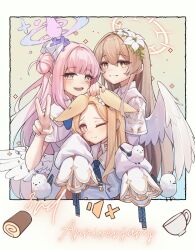 Rule 34 | 3girls, angel wings, animal, animal ears, anniversary, bird, blonde hair, blue archive, blush, capelet, closed mouth, dress, extra ears, feathered wings, flower, fox ears, grin, hair bun, hair flower, hair ornament, halo, highres, light brown hair, long hair, long sleeves, looking at viewer, mika (blue archive), multiple girls, nagisa (blue archive), one eye closed, open mouth, pink hair, pink halo, purple flower, ricke 2002, seia (blue archive), single side bun, sleeves past fingers, sleeves past wrists, smile, tea party (blue archive), white bird, white capelet, white dress, white flower, white wings, wings, yellow eyes, yellow halo