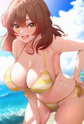 Rule 34 | 1girl, absurdres, armpits, bare arms, bare shoulders, bikini, blue sky, blurry, blurry background, blush, breasts, brown eyes, brown hair, cleavage, cloud, cloudy sky, commentary request, day, front-tie bikini top, front-tie top, gakuen idolmaster, hair between eyes, hair bun, hanami ume, hand on own hip, highres, idolmaster, large breasts, leaning forward, looking at viewer, medium hair, ni tamago sando, open mouth, outdoors, side-tie bikini bottom, single hair bun, sky, smile, solo, swimsuit, yellow bikini
