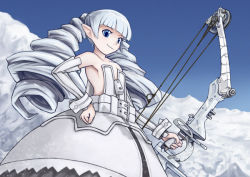 Rule 34 | 1girl, alternate color, archer (disgaea), belt, blue eyes, bow (weapon), cloud, disgaea, dress, drill hair, flat chest, long hair, no bra, pointy ears, sky, smile, solo, tamazen, twin drills, twintails, weapon, white hair, white theme