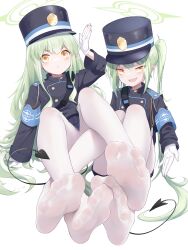 Rule 34 | 2girls, absurdres, blue archive, demon tail, feet, green hair, hat, hikari (blue archive), nozomi (blue archive), highres, j.c.14, light blush, long hair, looking at viewer, multiple girls, open mouth, pantyhose, pointy ears, soles, tail, toes, white pantyhose, yellow eyes