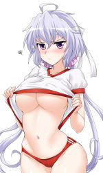 Rule 34 | 1girl, ahoge, blush, breasts, buruma, cameltoe, clothes lift, covered erect nipples, gym shirt, gym uniform, highres, large breasts, lifted by self, light purple hair, long hair, looking at viewer, low twintails, navel, purple eyes, red buruma, scrunchie, senki zesshou symphogear, shiny skin, shirt, shirt lift, short sleeves, simple background, solo, standing, sweat, twintails, underboob, very long hair, white background, white shirt, yoshi tama, yukine chris