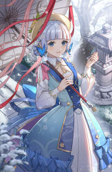Rule 34 | 1girl, absurdres, al guang, ayaka (genshin impact), back bow, blue dress, blue eyes, blue hair, blunt bangs, blush, bow, braid, butterfly hair ornament, dress, flower, genshin impact, hair flower, hair ornament, hair up, hat, hat flower, high collar, highres, holding, holding umbrella, kamisato ayaka, kamisato ayaka (springbloom missive), light blue hair, long sleeves, looking at viewer, mole, mole under eye, official alternate costume, open mouth, smile, snow, solo, umbrella, upper body
