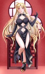 Rule 34 | 1girl, black gloves, blonde hair, blush, breasts, chinese clothes, cleavage, clothing cutout, elbow gloves, fate testarossa, full body, gloves, highres, large breasts, long hair, looking at viewer, lyrical nanoha, mahou shoujo lyrical nanoha strikers, navel, navel cutout, no panties, open mouth, red eyes, smile, solo, sougetsu izuki