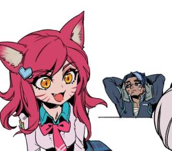 Rule 34 | 1boy, 1girl, academy ahri, academy darius, ahri (league of legends), animal ears, black hair, bow, bowtie, breasts, closed mouth, collarbone, collared shirt, commentary, darius (league of legends), facial mark, fang, fox ears, fox girl, grey hair, grey shirt, hair ornament, heart, heart hair ornament, large breasts, league of legends, long hair, orange eyes, phantom ix row, pink bow, pink bowtie, plaid, plaid skirt, red hair, shirt, short hair, simple background, skirt, slit pupils, symbol-only commentary, whisker markings, white background