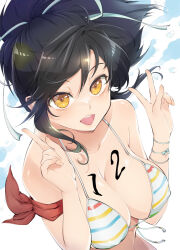 Rule 34 | 1girl, arm scarf, armpit crease, asuka (senran kagura), bare shoulders, bikini, black hair, blush, breast tattoo, breasts, brown eyes, cleavage, collarbone, covered erect nipples, fingernails, front-tie bikini top, front-tie top, hair between eyes, hair ribbon, kinako (mzknk0), large breasts, looking at viewer, multicolored bikini, multicolored clothes, multicolored stripes, open mouth, pointing, ponytail, rainbow bikini, red scarf, ribbon, scarf, senran kagura, senran kagura shoujo-tachi no shin&#039;ei, shiny skin, short hair, short ponytail, sidelocks, simple background, smile, solo, striped bikini, striped clothes, swimsuit, tattoo, teeth, tongue, upper body, upper teeth only, v, water, water drop, white background, white ribbon, wristband
