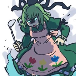 Rule 34 | 1girl, angry, apron, ghost tail, green eyes, green hair, hat, ladle, lowres, matching hair/eyes, shaded face, simple background, sketch, soga no tojiko, solo, tate eboshi, terrajin, touhou