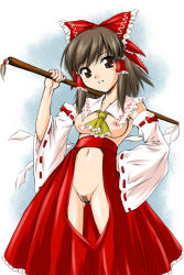 Rule 34 | 1girl, adapted costume, breasts, brown hair, crotch cutout, detached sleeves, female focus, female pubic hair, gohei, hair tubes, hakurei reimu, highres, japanese clothes, long hair, medium breasts, miko, no bra, no panties, parody, pubic hair, pussy, revealing clothes, solo, style parody, torn clothes, touhou, uncensored, yuzu momo