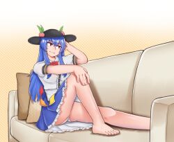 Rule 34 | 1girl, :3, apron, averageairhead, barefoot, black headwear, blue hair, blue skirt, bow, bowtie, center frills, commentary, commission, couch, english commentary, frilled skirt, frills, fruit hat ornament, hat, highres, hinanawi tenshi, long hair, panties, peach hat ornament, puffy short sleeves, puffy sleeves, rainbow gradient, rainbow order, red bow, red bowtie, red eyes, shirt, short sleeves, sitting, skirt, solo, touhou, underwear, variant set, white apron, white panties, white shirt, yellow background