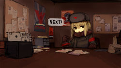 Rule 34 | 1girl, bee (deadflow), blonde hair, brown eyes, empty eyes, english text, fur hat, gloves, hat, looking at viewer, paper, papers please, poster (object), short hair, sitting, solo, stamp, uniform, ushanka