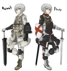 Rule 34 | 2girls, :&lt;, armor, bad id, bad pixiv id, boots, comparison, dual persona, english text, explosive, female focus, gauntlets, grenade, grey eyes, grey hair, gun, hair ornament, hairclip, knee pads, lanyard, load bearing vest, looking at viewer, medal, military, military operator, military uniform, multiple girls, plaid, plaid skirt, shield, short hair, sigama, sigma (artist), skirt, sword, symmetry, uniform, weapon
