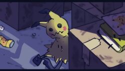 Rule 34 | black eyes, blurry, book, box, can, cardboard box, commentary request, creatures (company), drawing (object), game freak, gen 7 pokemon, mimikyu, nintendo, pokemon, pokemon (creature), roncha (shumokumoku), shadow, solid oval eyes, tape, tearing up
