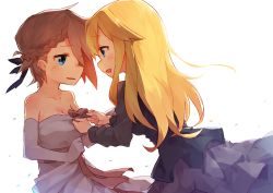Rule 34 | 10s, 2girls, :d, alternate costume, ange (princess principal), bare shoulders, black dress, blonde hair, blue eyes, blush, braid, breasts, cleavage, clenched hand, collarbone, couple, dress, elbow gloves, eye contact, female focus, formal, friends, gloves, grey hair, hair flaps, long hair, long sleeves, looking at another, multiple girls, neck, open mouth, princess (princess principal), princess principal, ribbon, rimukoro, shade, short hair, smile, strapless, strapless dress, white background, white dress, yuri