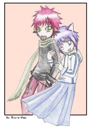 Rule 34 | 1boy, 1girl, ;p, animal ears, arm hug, artist request, blush, border, casual, cat ears, chain, cookie, couple, eating, embarrassed, facial mark, flat chest, food, forehead mark, gaara (naruto), green eyes, hands in pockets, head tilt, heart, hetero, hood, hoodie, hyuuga hinata, kemonomimi mode, looking at viewer, mouth hold, naruto, naruto (series), one eye closed, pants, pleated skirt, purple hair, red hair, scarf, short hair, simple background, single vertical stripe, skirt, sleeves rolled up, spiked hair, standing, strap, striped, tongue, tongue out, traditional media, white eyes