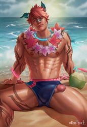 Rule 34 | 1boy, abs, aliast669, animal ears, arm tattoo, bandaid, bandaid on face, bandaid on nose, bara, bare pectorals, beach, blue male swimwear, bulge, dark-skinned male, dark skin, erection, erection under clothes, feet out of frame, flower, flower necklace, head tilt, highres, jewelry, kemonomimi mode, large pectorals, league of legends, leg tattoo, looking at viewer, male focus, male swimwear, muscular, muscular male, navel, necklace, nipples, official alternate costume, orange hair, outdoors, paid reward available, pectorals, penis, penis peek, sand, sett (league of legends), short hair, solo, spread legs, stomach, sunset, swim briefs, tattoo, thick thighs, thighs, uncensored