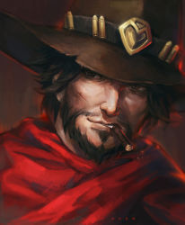 Rule 34 | 1boy, beard, brown eyes, brown hair, brown hat, cape, cassidy (overwatch), cigar, cowboy hat, facial hair, facial scar, hat, male focus, mouth hold, mustache, oryuvv, overwatch, overwatch 1, poncho, red cape, scar, scar on cheek, scar on face, short hair, solo, upper body