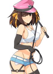 Rule 34 | 1girl, belt, black gloves, black thighhighs, blue shirt, bow, breasts, brown eyes, brown hair, closed mouth, commentary request, cosplay, cowboy shot, crop top, cutoffs, elbow gloves, final fight, fingerless gloves, gloves, groin, hair bow, hand up, haruhisky, hat, highres, holding, holding whip, legs apart, looking at viewer, medium breasts, medium hair, midriff, navel, one eye closed, orange bow, peaked cap, pink hat, poison (final fight), poison (final fight) (cosplay), shirt, short shorts, shorts, simple background, single glove, single thighhigh, smile, solo, standing, stomach, suzumiya haruhi, suzumiya haruhi no yuuutsu, tank top, thigh strap, thighhighs, white background, white belt, white shirt