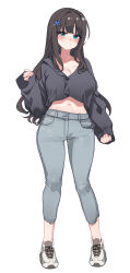 Rule 34 | 1girl, absurdres, aningay, black shirt, blue eyes, blush, breasts, brown hair, butterfly hair ornament, cleavage, copyright request, crop top, denim, full body, grey footwear, grey pants, hair intakes, hair ornament, hairclip, highres, jeans, long hair, long sleeves, looking at viewer, medium breasts, midriff, navel, pants, pinching sleeves, shirt, shoes, simple background, sleeves past wrists, smile, solo, standing, very long hair, white background