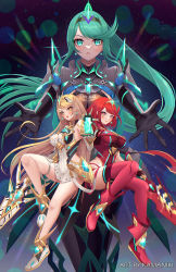 Rule 34 | 3girls, aegis sword (xenoblade), bare legs, bare shoulders, black gloves, blonde hair, breasts, chest jewel, cleavage, cleavage cutout, clothing cutout, dress, earrings, elbow gloves, female focus, fingerless gloves, gloves, green eyes, green hair, highres, jewelry, kamaniki, large breasts, long hair, matching hair/eyes, multiple girls, multiple persona, mythra (xenoblade), pneuma (xenoblade), ponytail, pyra (xenoblade), red eyes, red hair, red legwear, red shorts, short dress, short hair, short shorts, shorts, spoilers, swept bangs, sword, thigh strap, thighhighs, tiara, very long hair, weapon, white dress, white footwear, white gloves, xenoblade chronicles (series), xenoblade chronicles 2, yellow eyes
