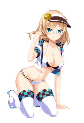 Rule 34 | 1girl, arm support, azalea egner, bikini, blue eyes, boots, breasts, cle masahiro, cleavage, cropped jacket, full body, glasses, halterneck, highres, jacket, kneeling, large breasts, light brown hair, looking at viewer, navel, official art, open clothes, open jacket, race queen, semi-rimless eyewear, shiny skin, short hair, short sleeves, simple background, smile, solo, swimsuit, thigh boots, thighhighs, valkyrie drive, valkyrie drive -siren-, visor cap, white-framed eyewear, white background, white footwear, white thighhighs