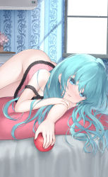 Rule 34 | 1girl, absurdres, air conditioner, apple, ass, bare shoulders, bed, blue eyes, blue hair, blush, bottomless, camisole, closed mouth, commentary request, dutch angle, food, fruit, hair down, half-closed eyes, hatsune miku, highres, holding, holding food, holding fruit, indoors, jyt, long hair, looking at viewer, lying, on bed, on stomach, parted lips, romeo to cinderella (vocaloid), smile, solo, vocaloid, window