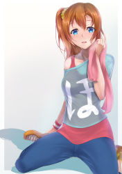 Rule 34 | 10s, 1girl, blue eyes, blush, clothes writing, d:, hair ornament, highres, kosaka honoka, long hair, looking at viewer, love live!, love live! school idol festival, love live! school idol project, off shoulder, open mouth, orange hair, pants, parted lips, scrunchie, shadow, shirt, side ponytail, sitting, solo, sweat, t-shirt, towel, wariza, yamaori