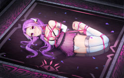 Rule 34 | 1girl, 7t, absurdres, bdsm, bondage, bound, bound arms, bound legs, breast bondage, breasts, collar, elbow gloves, fate/grand order, fate (series), gloves, highres, long hair, lying, medusa (fate), medusa (lancer) (fate), medusa (lancer) (final ascension) (fate), medusa (rider) (fate), official alternate costume, on side, panties, purple eyes, purple hair, rider, rope, shibari, shibari over clothes, sidelocks, small breasts, solo, stirrup legwear, thighhighs, toeless legwear, underwear, white gloves, white panties, white thighhighs