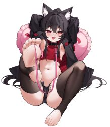 1girl absurdres animal_ears armpits arms_behind_head arms_up ass black_choker black_hair black_jacket black_shorts black_thighhighs breasts choker commission crop_top feet highres jacket leg_up long_hair looking_at_viewer lying micro_shorts midriff navel on_back open_clothes open_fly open_jacket open_mouth original partially_visible_vulva pillow podo_(hrodvitnir) ponytail red_eyes red_shirt sbbs second-party_source shirt shorts sleeveless sleeveless_shirt small_breasts smile soles solo stirrup_legwear stomach thighhighs toeless_legwear toes very_long_hair