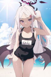 Rule 34 | 1girl, absurdres, ahoge, akagi koku, beach, blue archive, blue sky, blush, commentary, demon horns, demon wings, hair ornament, halo, highres, hina (blue archive), hina (swimsuit) (blue archive), horns, long hair, looking at viewer, official alternate costume, one-piece swimsuit, parted bangs, purple eyes, school swimsuit, sky, solo, swimsuit, white hair, wings