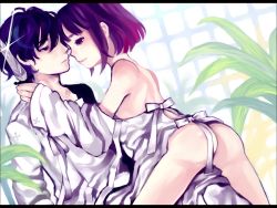 Rule 34 | 1boy, 1girl, ass, bad id, bad pixiv id, bare shoulders, brother and sister, elysion, knife, no panties, off shoulder, purple hair, short hair, siblings, soror, sound horizon, tan (tangent), ted (artist), undressing