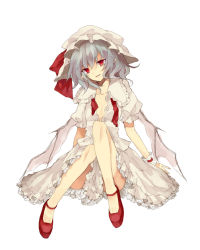 Rule 34 | 1girl, bat wings, blue hair, bow, hat, hat bow, head tilt, hiharo, mary janes, mob cap, open collar, red eyes, remilia scarlet, shoes, sitting, solo, touhou, unbuttoned, wings, wrist cuffs