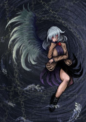 Rule 34 | 1girl, 2b-ge, abstract background, arm across waist, arm up, black footwear, blue background, blue hair, bow, bowtie, chain, chinese commentary, covering own mouth, cross-laced footwear, dress, faux traditional media, hair between eyes, highres, jacket, kishin sagume, light blue hair, long sleeves, looking at viewer, open clothes, open jacket, purple dress, red eyes, short hair, single wing, solo, spiral, touhou, wings