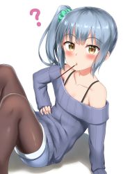 Rule 34 | 1girl, ?, absurdres, alternate costume, blue hair, blush, brown eyes, brown pantyhose, collarbone, flat chest, highres, kantai collection, kasumi (kancolle), leaning back, looking at viewer, mouth hold, nedia (nedia region), off-shoulder, off-shoulder sweater, off shoulder, pantyhose, pocky day, ribbed sweater, short shorts, shorts, side ponytail, simple background, sitting, solo, sweater