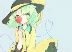 Rule 34 | 1girl, black hat, blouse, bow, buttons, candy, collared shirt, commentary request, diamond button, food, frilled shirt collar, frilled sleeves, frills, green eyes, green hair, grey background, hand up, hat, hat bow, heart, heart of string, koishi day, komeiji koishi, lollipop, long sleeves, m (m073111), medium hair, shaped lollipop, shirt, simple background, solo, touhou, wavy hair, wide sleeves, yellow bow, yellow shirt