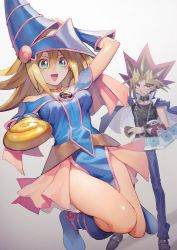Rule 34 | 1boy, 1girl, :d, aoki (fumomo), bare shoulders, belt, black footwear, black neckwear, black tank top, blonde hair, blue dress, blue footwear, blue hat, blue robe, blush, boots, breasts, card, chain, closed mouth, collarbone, dark magician, dark magician girl, denim, detached sleeves, dress, duel monster, dyed bangs, eyebrows, gloves, green eyes, hair between eyes, hand on head, hat, highres, jacket, jeans, jewelry, light smile, medium breasts, multicolored hair, muto yugi, necklace, open mouth, pants, pendant, pink skirt, red eyes, robe, shoes, skirt, smile, staff, tank top, thighs, wizard hat, yami yugi, yu-gi-oh!, yu-gi-oh! duel monsters