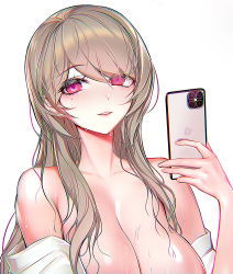 Rule 34 | 1girl, bare shoulders, blush, breasts, brown hair, cellphone, cleavage, highres, holding, holding phone, honkai (series), honkai impact 3rd, long hair, looking at viewer, mole, mole under eye, off shoulder, open clothes, open shirt, papupu, phone, red eyes, rita rossweisse, selfie, shirt, simple background, smartphone, smile, solo, sweat, swept bangs, upper body, wet, white background, white shirt