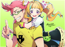 Rule 34 | 10s, 1boy, 1girl, :d, arms around neck, bear, blush, bow, bracelet, brown eyes, character name, copyright name, cowlick, glasses, gradient background, green-framed eyewear, green background, green hair, grin, hair bow, highres, invalee, jewelry, kiznaiver, looking at viewer, multicolored hair, niiyama nico, open mouth, orange hair, pink hair, purple eyes, semi-rimless eyewear, shirt, smile, streaked hair, t-shirt, tenga hajime, twintails, twitter username, two-tone hair