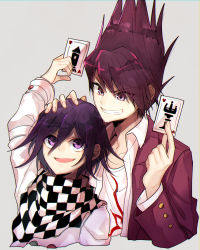 Rule 34 | 2boys, :d, argyle, argyle background, argyle clothes, arm up, black hair, card, checkered background, checkered clothes, checkered scarf, collarbone, commentary request, cropped torso, danganronpa (series), danganronpa v3: killing harmony, facial hair, goatee, grey background, grin, hair between eyes, hand on another&#039;s head, hands up, highres, holding, holding card, jacket, kitsunebi v3kokonn, long sleeves, male focus, momota kaito, multiple boys, oma kokichi, open clothes, open mouth, open shirt, pink jacket, playing card, print shirt, purple eyes, purple hair, scarf, shirt, simple background, smile, spiked hair, straitjacket, upper body, white shirt