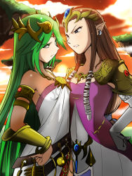 Rule 34 | 2girls, angry, armor, bare shoulders, blue eyes, breast press, breasts, brown hair, cleavage, cloud, dress, earrings, eichi1219, elbow gloves, eye contact, face-to-face, floating island, glaring, gloves, green eyes, green hair, hand on own hip, jewelry, kid icarus, kid icarus uprising, lightning glare, long hair, looking at another, low-tied long hair, multiple girls, necklace, nintendo, palutena, pauldrons, pointy ears, princess zelda, shoulder armor, skinny, slender, strapless, strapless dress, sunset, super smash bros., symmetrical docking, the legend of zelda, the legend of zelda: twilight princess, tiara, very long hair, white gloves