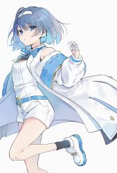 Rule 34 | 1girl, black socks, blue eyes, blue hair, blue ribbon, blue skirt, blush, cevio, chipochopo324, closed mouth, clothing cutout, coat, dot mouth, floating hair, foot out of frame, gloves, hairband, hand up, highres, long sleeves, looking at viewer, neck ribbon, open clothes, open coat, puffy long sleeves, puffy sleeves, ribbed shirt, ribbon, shirt, shoes, short hair, short shorts, shorts, shoulder cutout, skirt, sneakers, socks, solo, standing, standing on one leg, suzuki tsudumi, white coat, white footwear, white gloves, white hairband, white shirt, white shorts