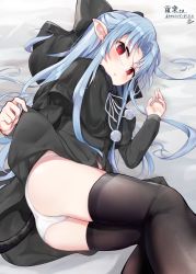 Rule 34 | 1girl, ass, black bow, black capelet, black dress, black thighhighs, blue hair, bow, capelet, cat tail, closed mouth, clothes lift, commentary request, dress, dress lift, feet out of frame, hair bow, highres, kagetsu tooya, len (tsukihime), lifted by self, long hair, looking at viewer, lying, nishi yasuaki, on side, panties, parted bangs, pointy ears, red eyes, solo, tail, thighhighs, tsukihime, underwear, very long hair, white panties