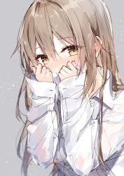 Rule 34 | 1girl, blush, brown eyes, brown hair, collared shirt, commentary request, dress shirt, grey background, hair between eyes, highres, long hair, long sleeves, looking at viewer, mochizuki shiina, original, oversized clothes, oversized shirt, shirt, simple background, sleeves past wrists, solo, upper body, wet, wet hair, white shirt