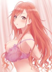 Rule 34 | 1girl, :o, arisugawa natsuha, bad id, bad nijie id, bare shoulders, blush, bra, breasts, commentary request, curtains, earrings, from side, grey eyes, highres, idolmaster, idolmaster shiny colors, jewelry, long hair, looking at viewer, medium breasts, nipples, purple bra, red hair, shirokuma-kun, solo, underwear, unfastened, upper body, wavy hair, white background
